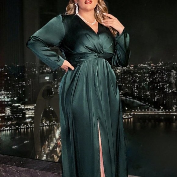 Green Preppy Womens Solid Color Waist Twisted Front Slit Maxi Dress - Picture 5 of 5